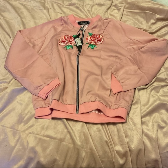 NEW Rose Embroidered Satin Bomber Jacket size medium - Picture 3 of 12